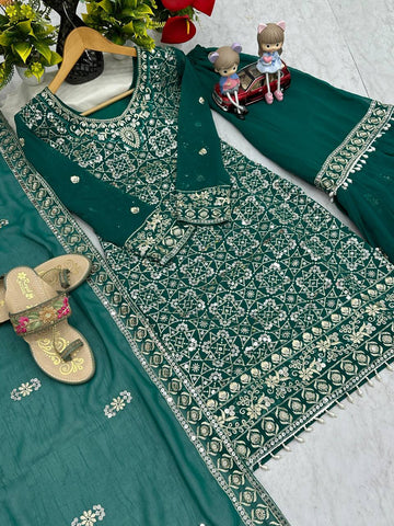 Mesmerizing Green Color Faux Georgette Heavy Embroidery Thread Work Sharara Suit