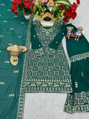 Mesmerizing Green Color Faux Georgette Heavy Embroidery Thread Work Sharara Suit