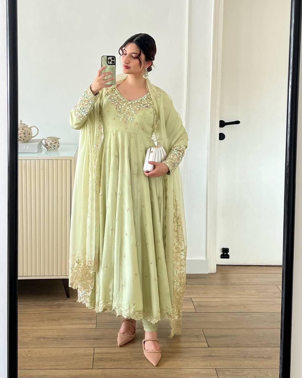 Elegant Light Green Color Heavy Georgette With Full Heavy Embroidery Sequence Work Anarkali Gown
