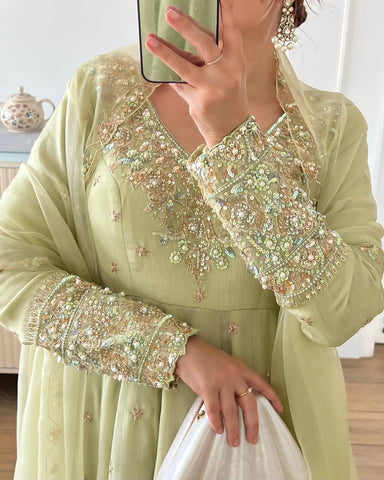 Elegant Light Green Color Heavy Georgette With Full Heavy Embroidery Sequence Work Anarkali Gown