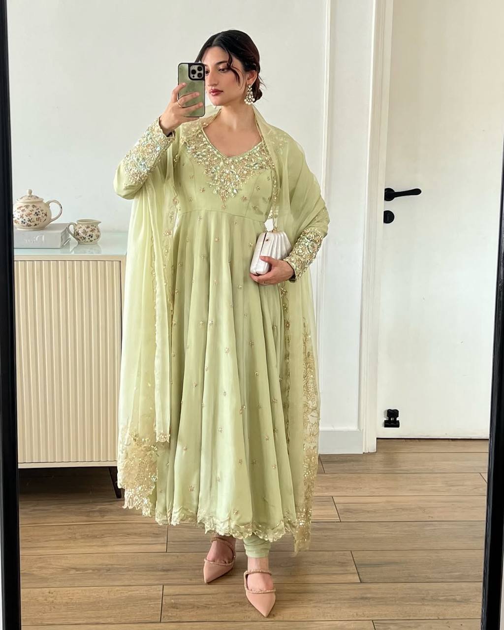Elegant Light Green Color Heavy Georgette With Full Heavy Embroidery Sequence Work Anarkali Gown