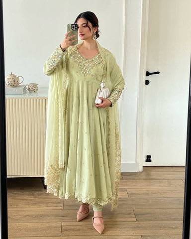 Elegant Light Green Color Heavy Georgette With Full Heavy Embroidery Sequence Work Anarkali Gown