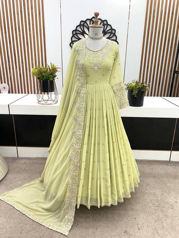 Elegant Light Green Color Heavy Georgette With Full Heavy Embroidery Sequence Work Anarkali Gown