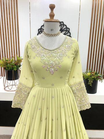 Elegant Light Green Color Heavy Georgette With Full Heavy Embroidery Sequence Work Anarkali Gown