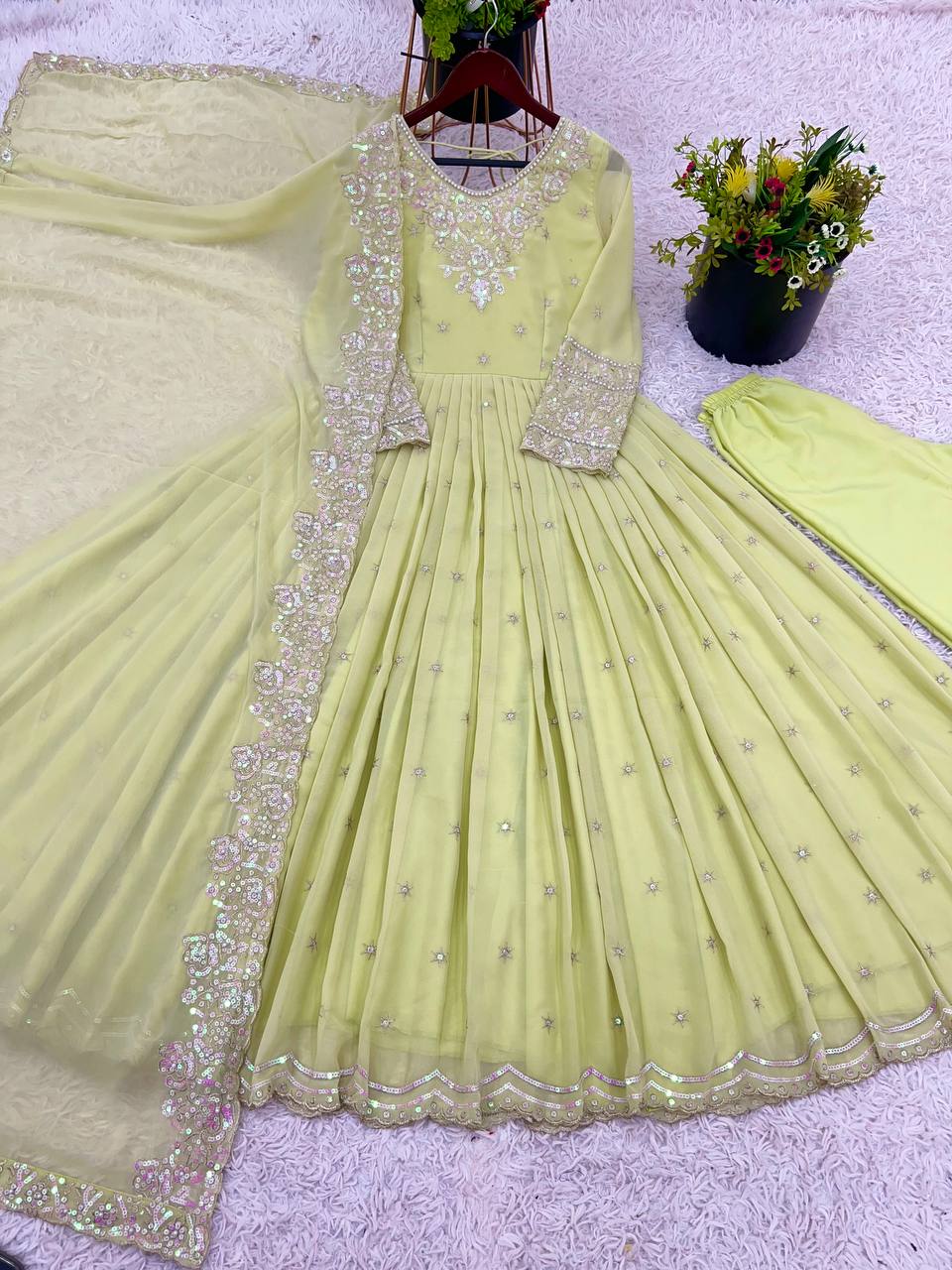Elegant Light Green Color Heavy Georgette With Full Heavy Embroidery Sequence Work Anarkali Gown
