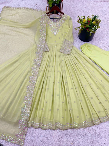 Elegant Light Green Color Heavy Georgette With Full Heavy Embroidery Sequence Work Anarkali Gown