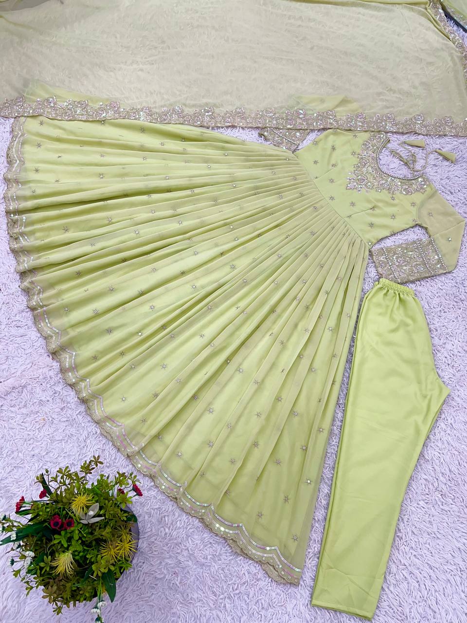 Elegant Light Green Color Heavy Georgette With Full Heavy Embroidery Sequence Work Anarkali Gown