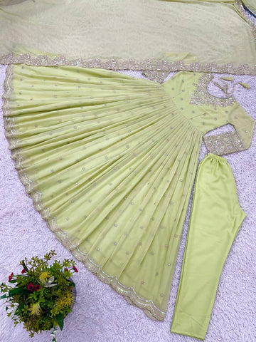 Elegant Light Green Color Heavy Georgette With Full Heavy Embroidery Sequence Work Anarkali Gown