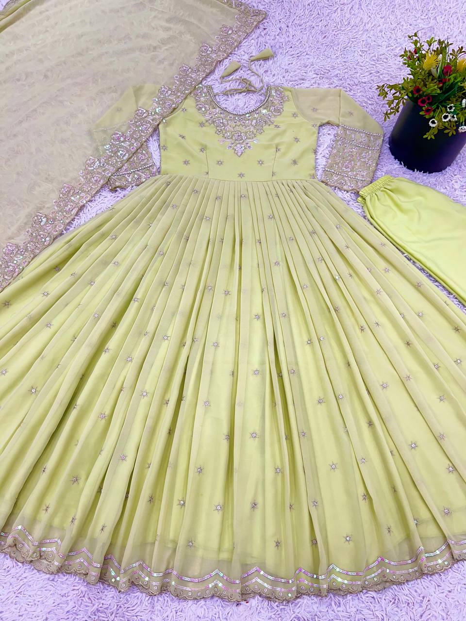 Elegant Light Green Color Heavy Georgette With Full Heavy Embroidery Sequence Work Anarkali Gown
