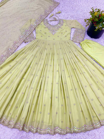 Elegant Light Green Color Heavy Georgette With Full Heavy Embroidery Sequence Work Anarkali Gown
