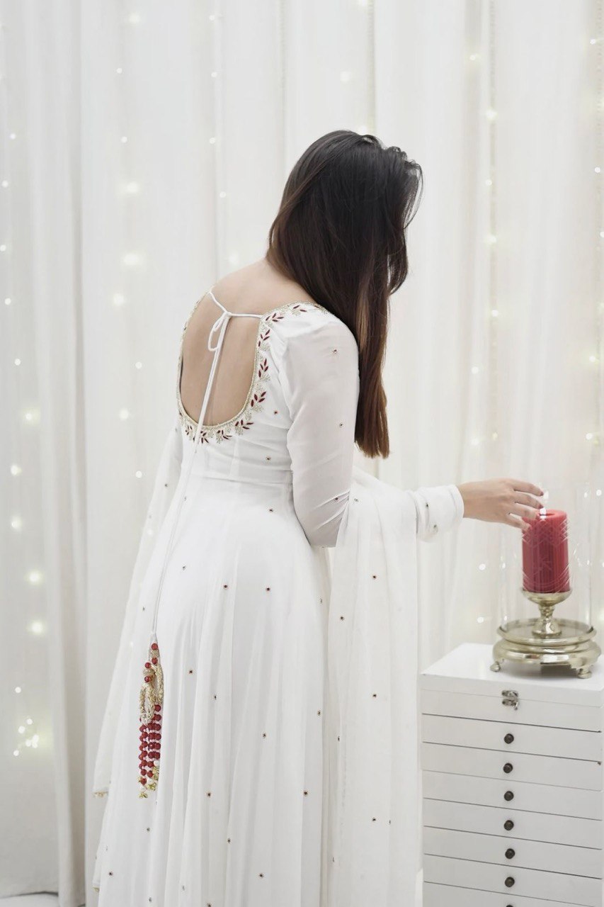 Occasion Wear White Color Faux Georgette With Hand Work Designer Gown