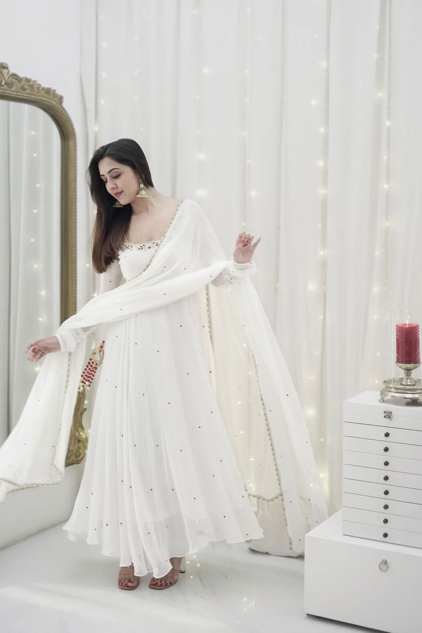 Occasion Wear White Color Faux Georgette With Hand Work Designer Gown