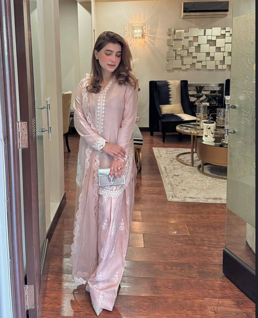 Wedding Wear Beige Color Pure Natural Crepe Silk With Embroidery Sequence Work Palazzo Suit