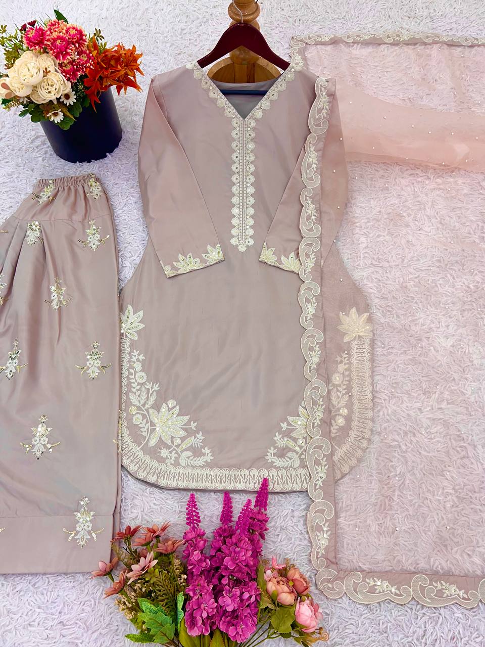 Wedding Wear Beige Color Pure Natural Crepe Silk With Embroidery Sequence Work Palazzo Suit
