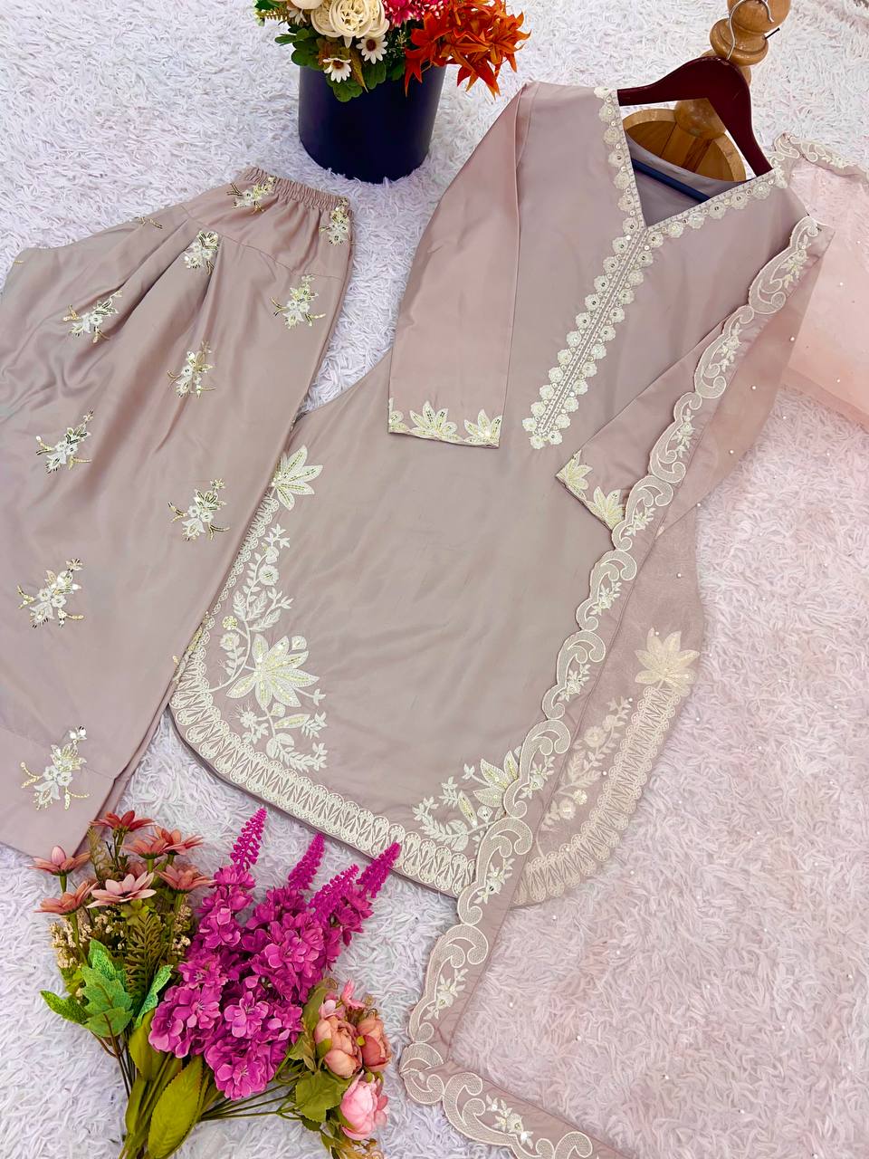 Wedding Wear Beige Color Pure Natural Crepe Silk With Embroidery Sequence Work Palazzo Suit