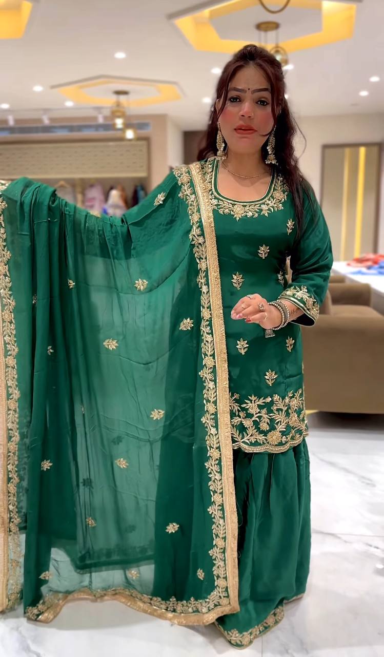 Reception Wear Green Color Natural Crep Material With Sequence Embroidery Work Sharara Suit