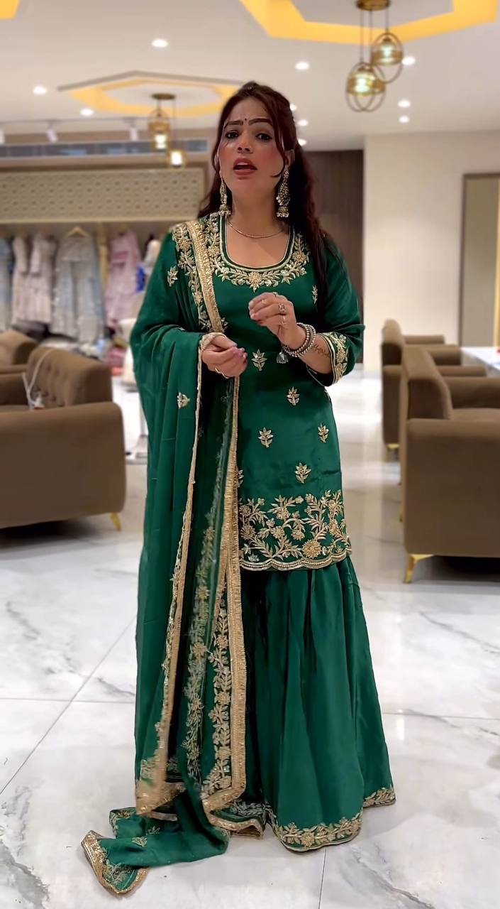 Reception Wear Green Color Natural Crep Material With Sequence Embroidery Work Sharara Suit