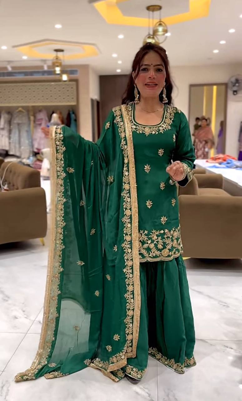 Reception Wear Green Color Natural Crep Material With Sequence Embroidery Work Sharara Suit