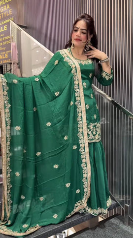 Reception Wear Green Color Natural Crep Material With Sequence Embroidery Work Sharara Suit