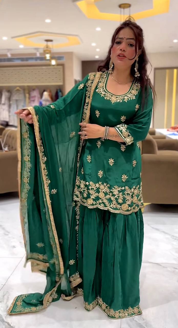 Reception Wear Green Color Natural Crep Material With Sequence Embroidery Work Sharara Suit