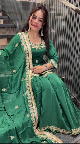 Reception Wear Green Color Natural Crep Material With Sequence Embroidery Work Sharara Suit