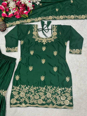 Reception Wear Green Color Natural Crep Material With Sequence Embroidery Work Sharara Suit