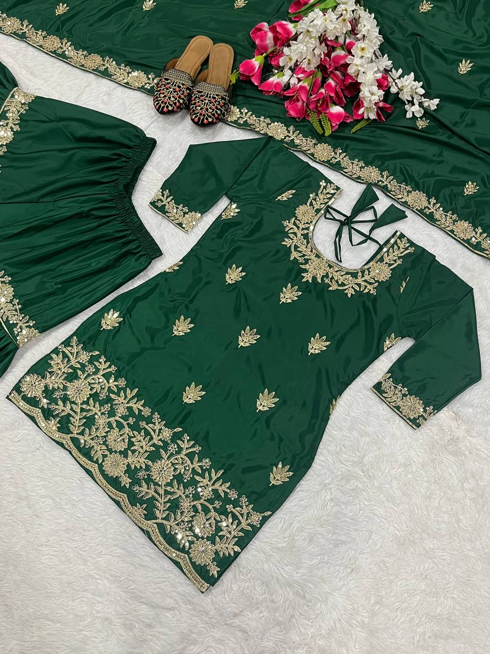 Reception Wear Green Color Natural Crep Material With Sequence Embroidery Work Sharara Suit