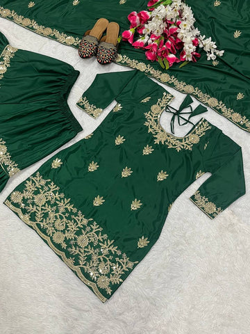Reception Wear Green Color Natural Crep Material With Sequence Embroidery Work Sharara Suit