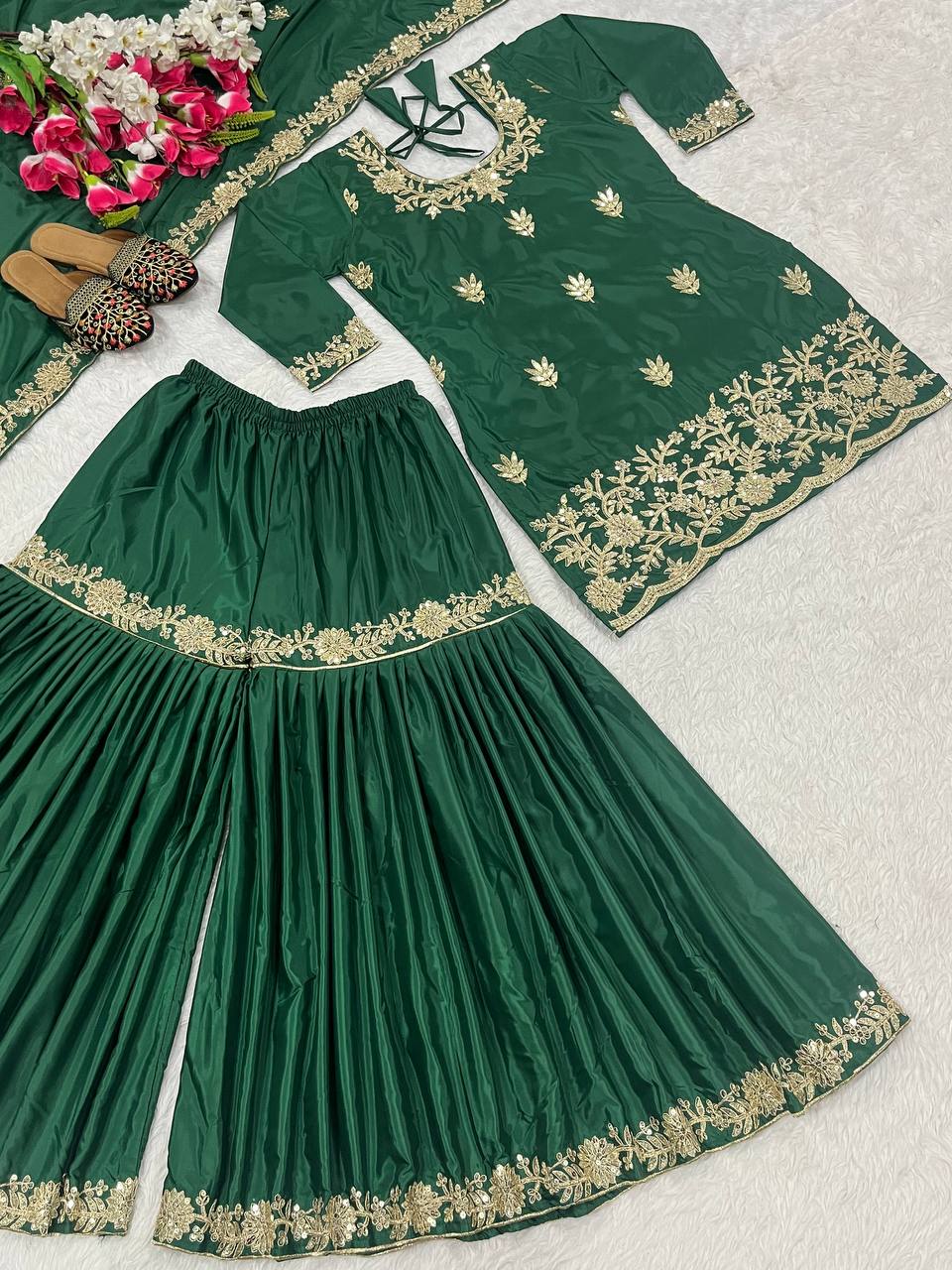 Reception Wear Green Color Natural Crep Material With Sequence Embroidery Work Sharara Suit