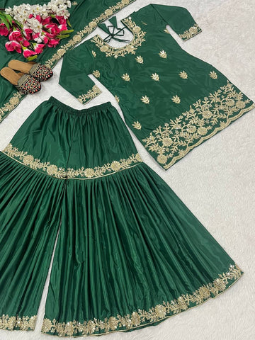 Reception Wear Green Color Natural Crep Material With Sequence Embroidery Work Sharara Suit