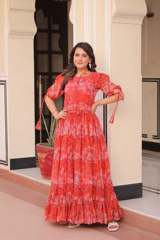 Festive Wear Red Color Faux Georgette With Printed Designer Gown