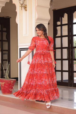 Festive Wear Red Color Faux Georgette With Printed Designer Gown