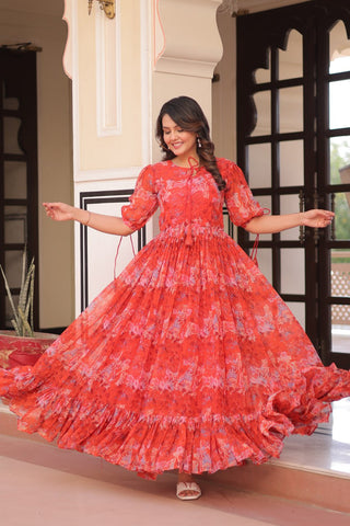 Festive Wear Red Color Faux Georgette With Printed Designer Gown