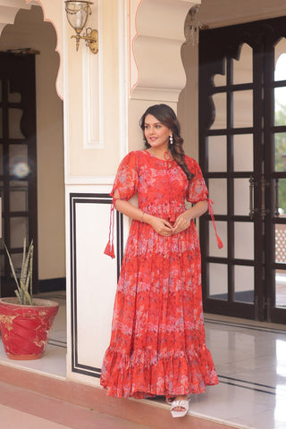 Festive Wear Red Color Faux Georgette With Printed Designer Gown