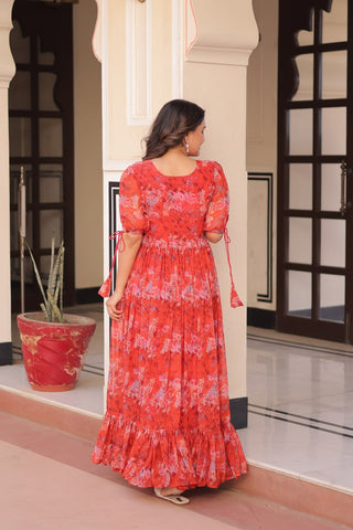 Festive Wear Red Color Faux Georgette With Printed Designer Gown