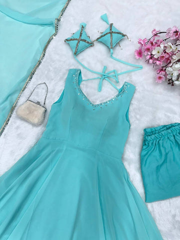Good Looking Sky Blue Color Georgette Anarkali Suit