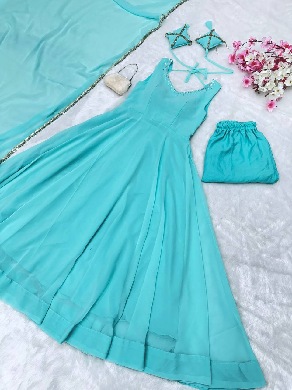 Good Looking Sky Blue Color Georgette Anarkali Suit