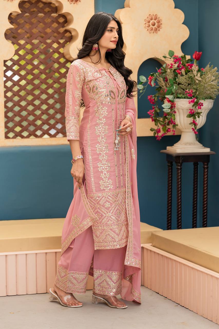 Stunning Peach Color Heavy Star Georgette With Embroidery Coding Sequences Work Salwar Suit