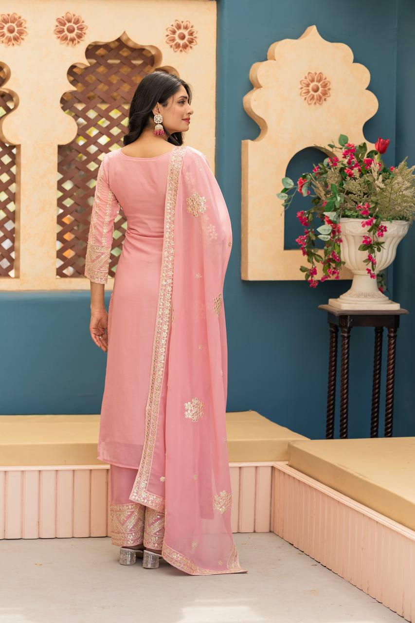 Stunning Peach Color Heavy Star Georgette With Embroidery Coding Sequences Work Salwar Suit