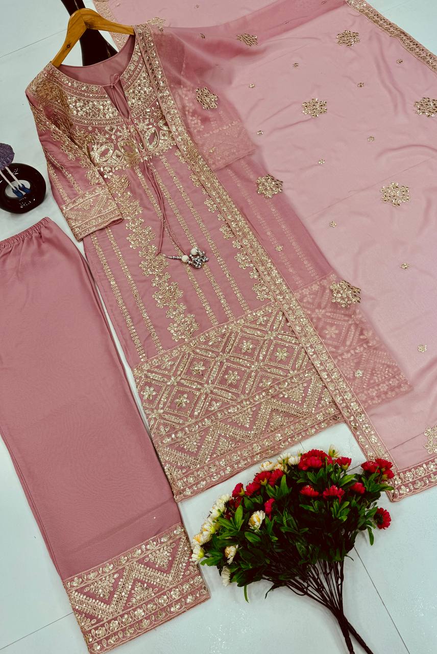 Stunning Peach Color Heavy Star Georgette With Embroidery Coding Sequences Work Salwar Suit