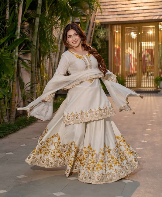 Exclusive Off White Color Heavy French Crepe With Embroidery Sequence Work Sharara Suit
