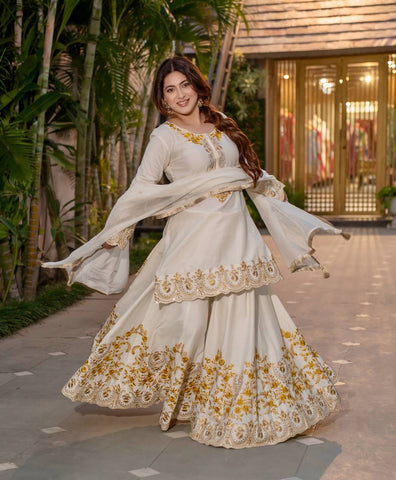 Exclusive Off White Color Heavy French Crepe With Embroidery Sequence Work Sharara Suit