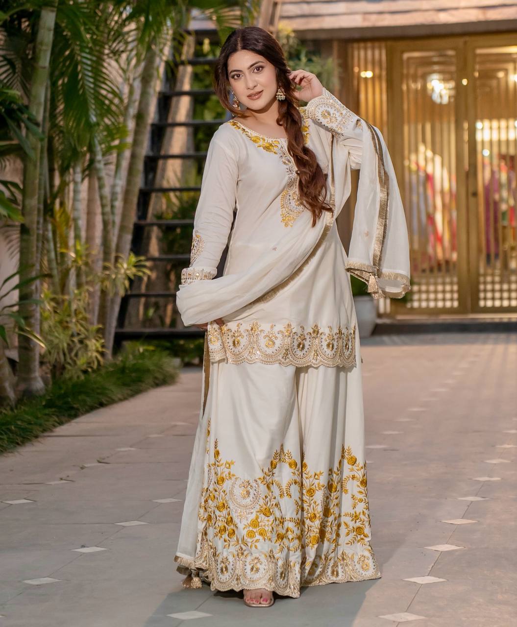 Exclusive Off White Color Heavy French Crepe With Embroidery Sequence Work Sharara Suit