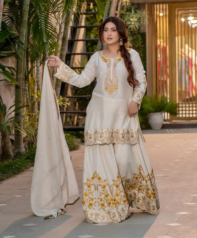 Exclusive Off White Color Heavy French Crepe With Embroidery Sequence Work Sharara Suit