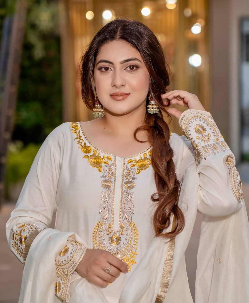 Exclusive Off White Color Heavy French Crepe With Embroidery Sequence Work Sharara Suit