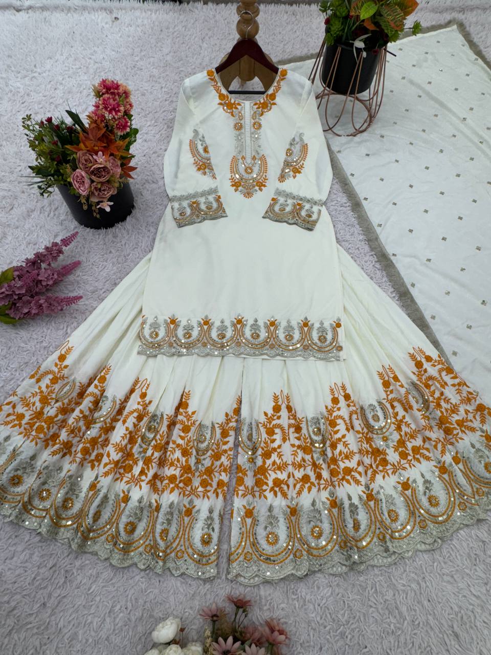 Exclusive Off White Color Heavy French Crepe With Embroidery Sequence Work Sharara Suit