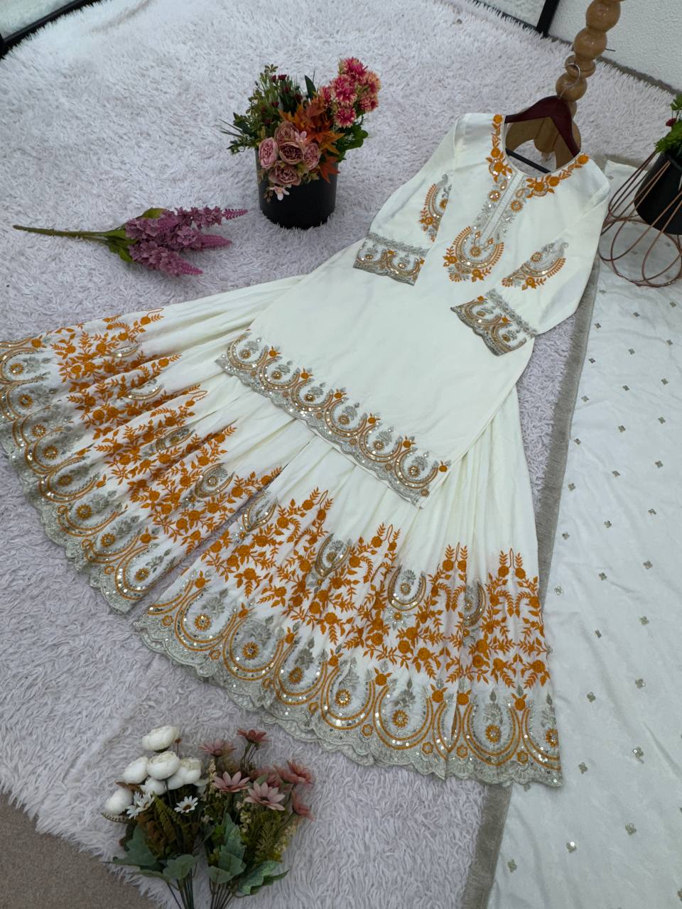 Exclusive Off White Color Heavy French Crepe With Embroidery Sequence Work Sharara Suit
