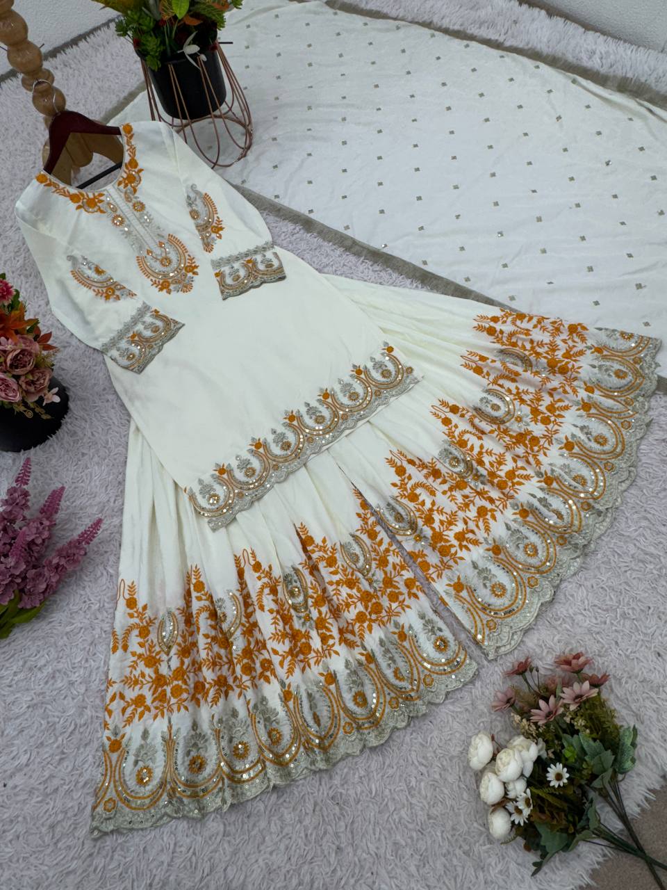 Exclusive Off White Color Heavy French Crepe With Embroidery Sequence Work Sharara Suit