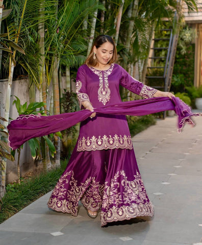 Exclusive Purple Color Heavy French Crepe With Embroidery Sequence Work Sharara Suit