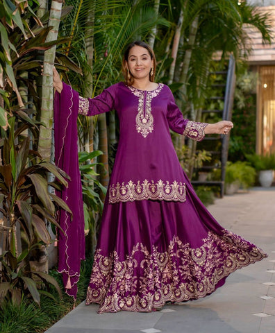 Exclusive Purple Color Heavy French Crepe With Embroidery Sequence Work Sharara Suit